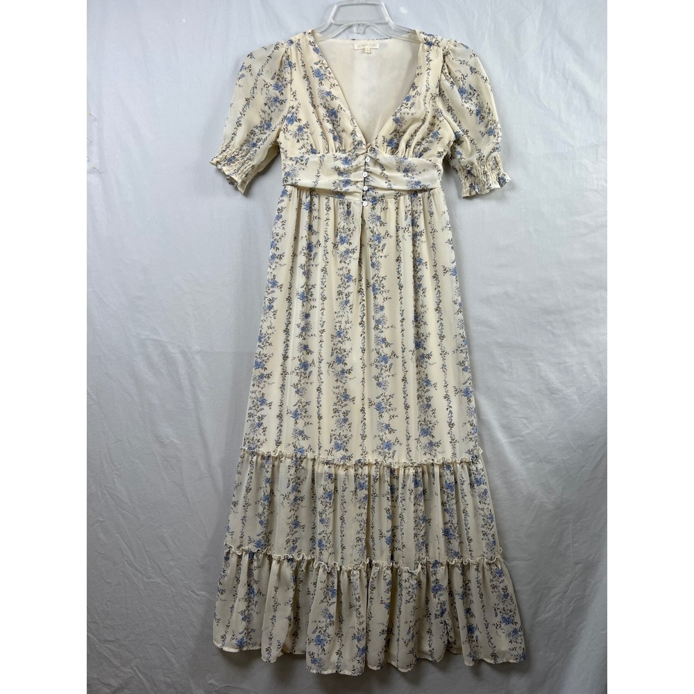 Ultra Flirt Maxi Dress Milkmaid Womens Small Cream Blue Floral Prairie Tiered